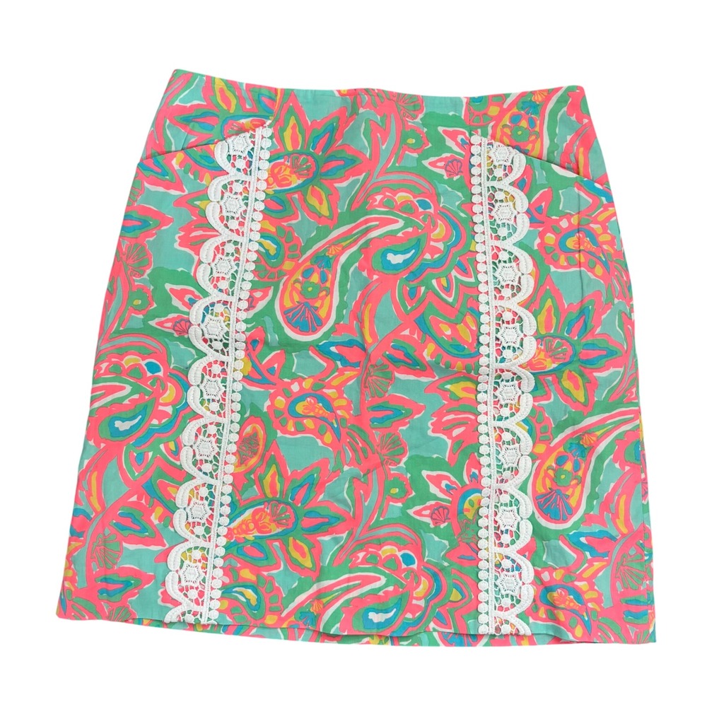 Lilly Pulitzerโ Skirt Womens 2 Pink Green Paisley Lace Trim Mini Zip Back 54539